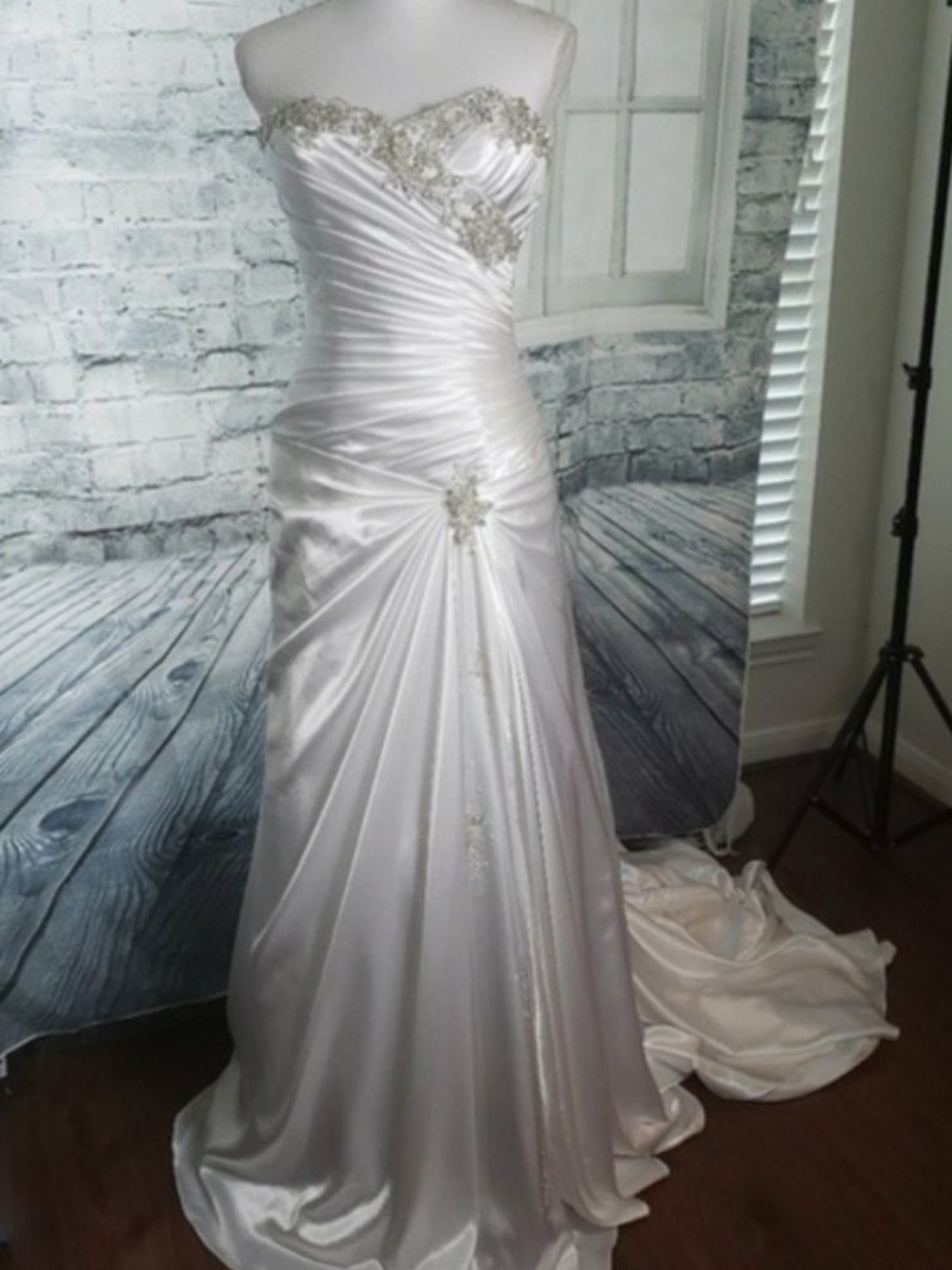 Strapless White Satin Wedding Dress with Beaded Detail